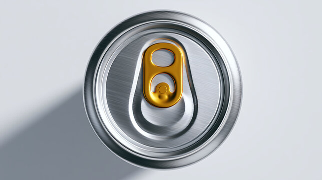 Silver aluminum beverage can with golden pull tab top view