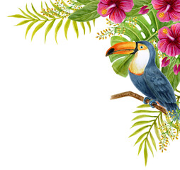 Naklejka premium Tropical flowers corner frame with toucan. Watercolor painting with Hibiscus flowers and palm leaves. Tropic summer composition.