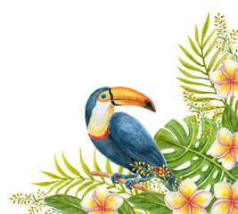 Naklejka premium Tropical flowers corner frame with toucan bird. Watercolor painting with frangipani flowers and palm leaves. Tropic summer composition.