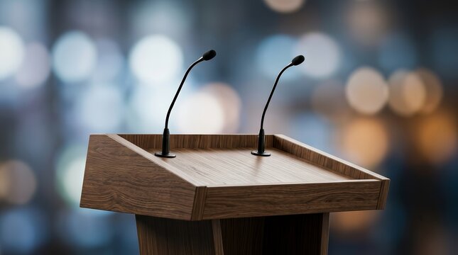A wooden podium with two microphones for a public speech or press conference.