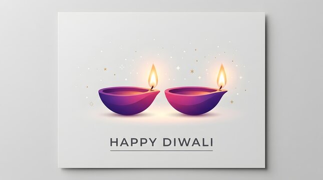 Happy diwali greeting card with two glowing purple oil lamps