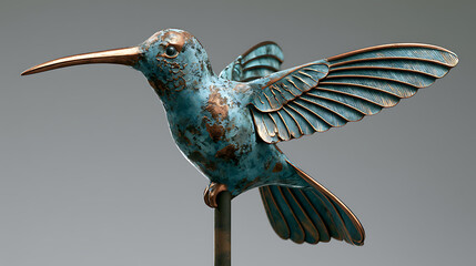 Fototapeta premium Verdigris hummingbird garden stake features detailed metallic wings and beak
