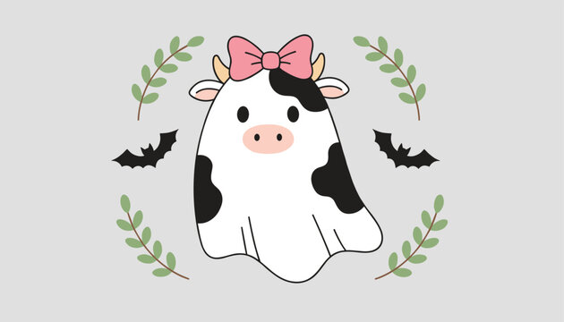 Adorable cartoon cow dressed in a white ghost costume with a pink bow, surrounded by bats and green wreaths.
