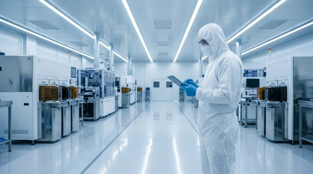 An engineer in a protective suit works in a high-tech semiconductor manufacturing factory.