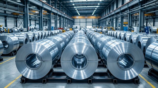 Large rolls of steel sheet stacked in a modern industrial warehouse.