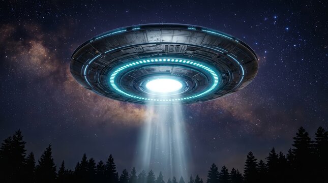 An unidentified flying object UFO or alien spaceship hovering in the night sky.