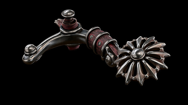 Western riding spur with rowel detailed metallic accessory on black background