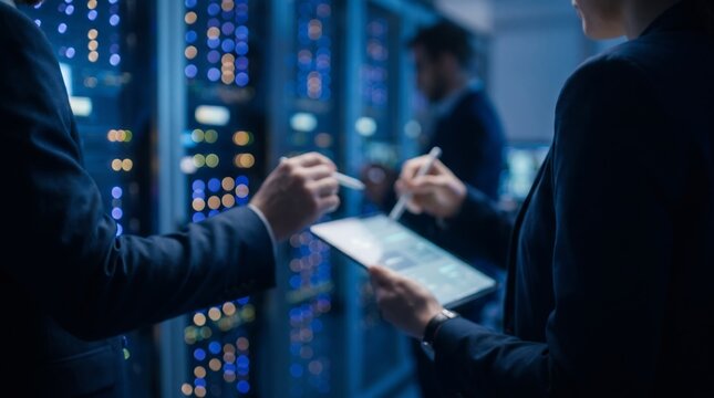 Business professionals analyzing digital data on tablet device inside secure server room environment with glowing blue indicator lights