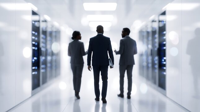 Diverse business team walking through modern server room corridor while discussing information technology infrastructure and cloud systems