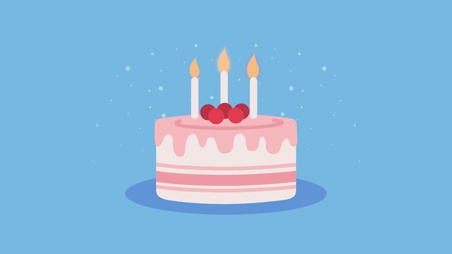Animated birthday cake with three burning candles and pink frosting on blue background with celebration sparkles.