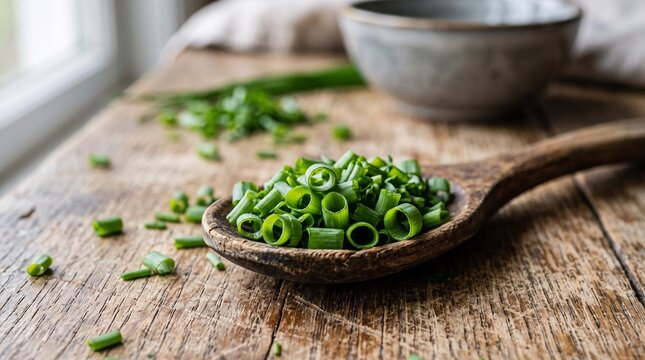 Fresh chopped chives on a rustic wooden spoon