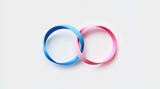 A vibrant blue and soft pink paper loop display a creative sense of unity and balance while representing connectivity through their interlocking circular structure which offers a unique visual
