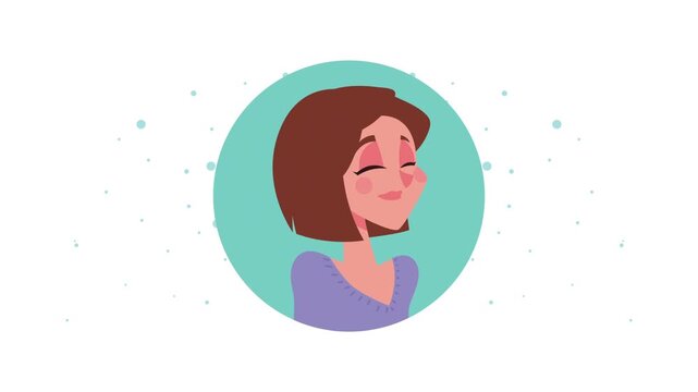 Animation of young smiling woman character with brown hair and purple sweater on blue circular background.