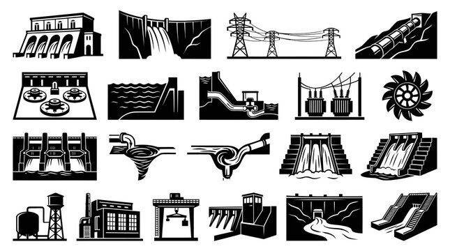Hydropower and Water Management Glyph Icons Set. Renewable Energy, Electricity Generation, Dam, Turbine, Power Plant Vector Silhouettes.