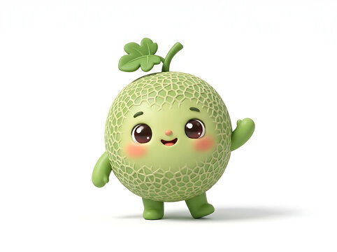 Adorable 3D render of a cute cartoon cantaloupe melon character. Round light green melon with netted texture on the skin, small green stem and leaf on top. It has big sparkling brown eyes, small pink 