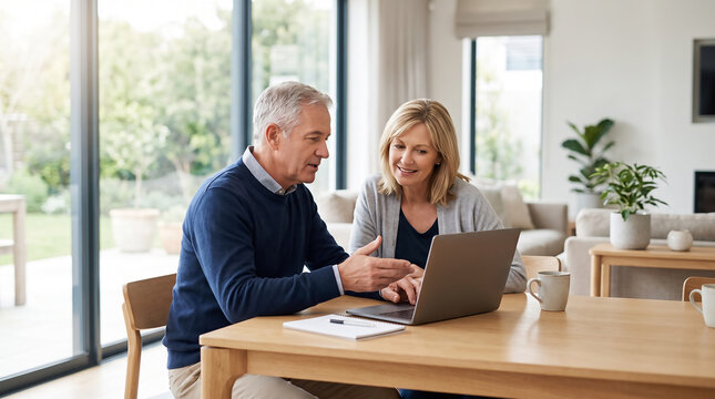 Smiling Senior Couple Using Laptop Together at Home Dining Table