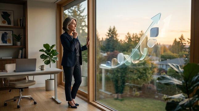 Businesswoman Looking at Futuristic Financial Growth Chart on Window