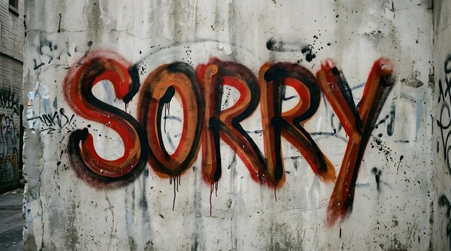 Large orange and black Sorry graffiti lettering painted on a distressed concrete wall, featuring rough textures and a bold expressive urban appearance.
