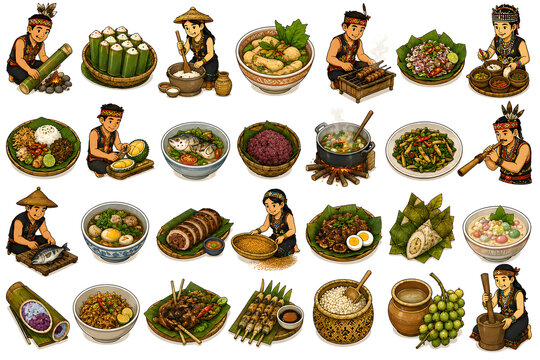 Malaysian Borneo Food Culture 2D Cartoon Vector Bundle
