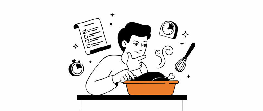 Man cooking turkey recipe planning with meal timer line art vector illustration for Thanksgiving holiday dinner prep, culinary chef thinking about kitchen recipe checklist, time management isolated