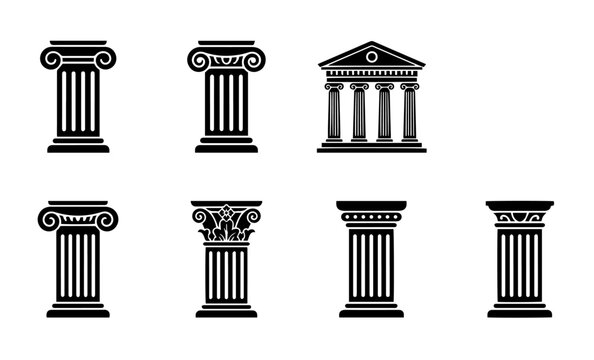 Ancient Roman Greek column and temple black silhouette vector icons set