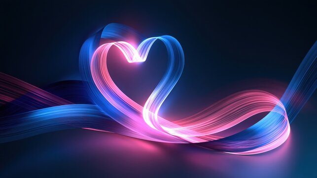 A vibrant spectrum of luminescent ribbons creates a beautiful heart shape which glows with energetic motion across the dark atmosphere to signify profound devotion and eternal romantic affection