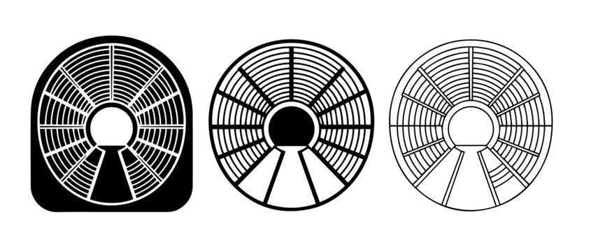 Electric fan vector icon set with circular blades and multiple grille designs