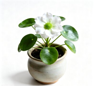 Pilea Peperomioides Houseplant with Exotic White Flower in Ceramic Pot on White Background