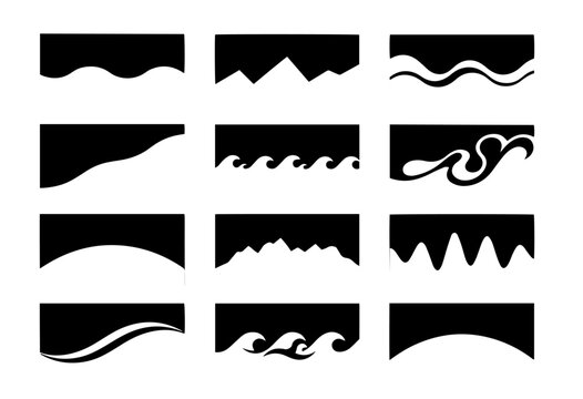 Abstract landscape wave and mountain border silhouette vector icons set