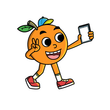 Cute Anthropomorphic Orange Character Walking and Using Smartphone