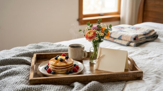Delicious Pancakes Breakfast Tray with Coffee and Flowers on Bed