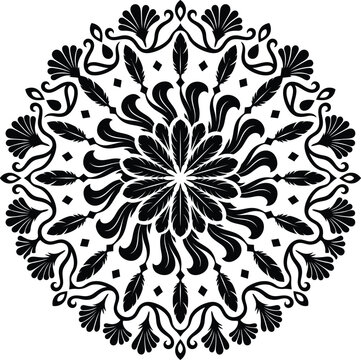 Intricate black and white circular mandala pattern featuring symmetrical floral elements and decorative ornate geometric line art designs