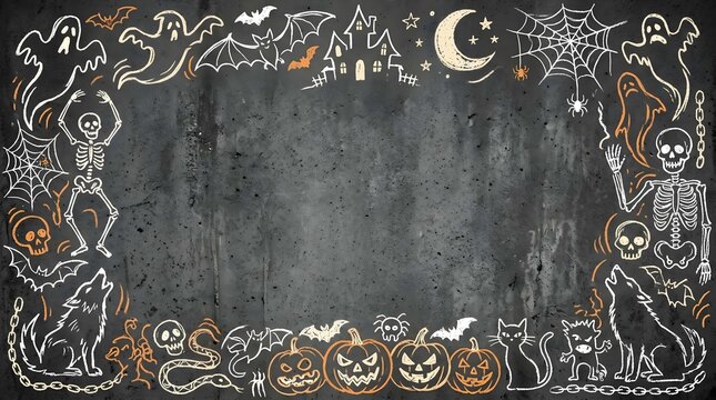 Spooky Halloween chalk doodle border with ghosts, skeletons and pumpkins on stone wall with copyspace