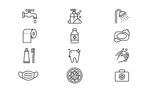 Personal hygiene and bathroom sanitation linear line art vector set