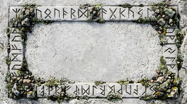 Mystical Nordic stone tablet with ancient runes and mossy frame with copyspace for Halloween text