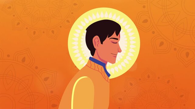 Animation of young indian man profile during diwali festival celebration on orange background with mandalas.