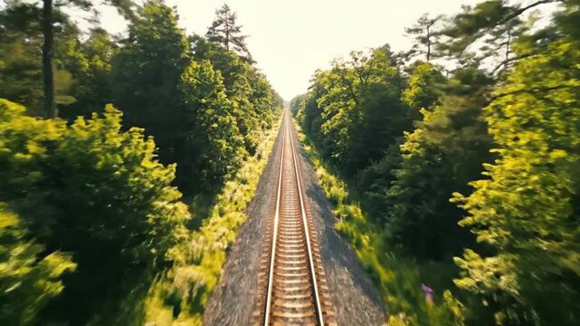 Train Tracks Through Green Forest: A perspective shot looking down a long railway track that cuts through a dense, green forest with sunlight filtering through the trees.