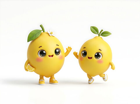 Adorable 3D render of a cute cartoon lemon character. Bright yellow oval lemon with textured peel, green stem and three fresh green leaves on top. It has big sparkling brown eyes, subtle pink blush ch