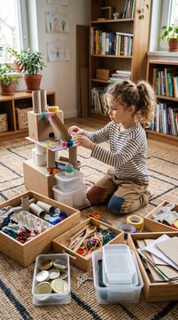 Child builds project from reusable household materials