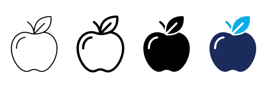 Minimalist apple icon set, flat fruit vector symbols, 4 black and blue apple graphics, healthy food logo elements for web and app design