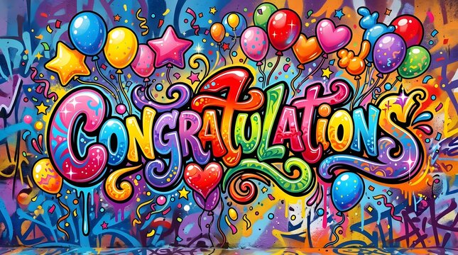 Playful Congratulations graffiti surrounded by colorful balloons, hearts, stars, and swirling decorative elements, creating a cheerful birthday and celebration design.