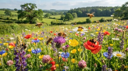 Obraz premium Several bees are actively flying among a vibrant wildflower meadow.