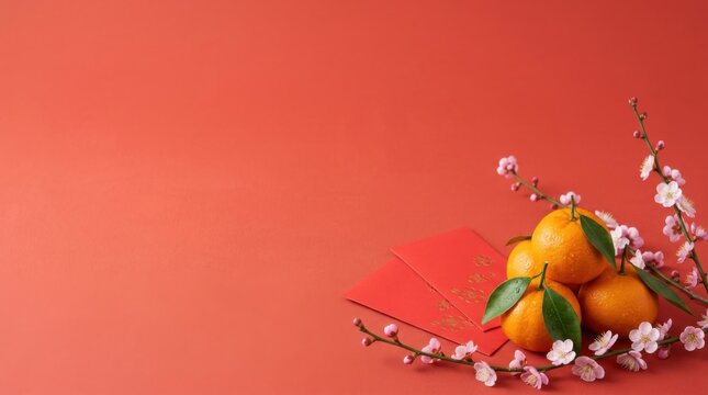 Lunar New Year Oranges and Red Envelopes with Blossoms