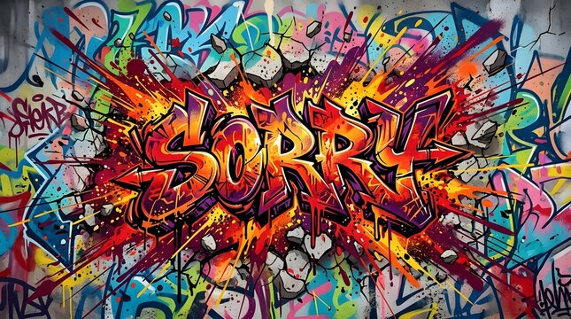Intense Sorry graffiti lettering surrounded by fiery red, orange, and yellow paint effects, creating a dramatic urban artwork focused on apology and emotion.