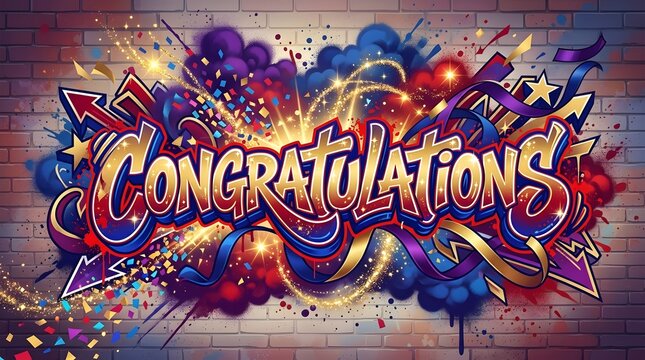 Colorful Congratulations graffiti surrounded by stars, sparkles, and vibrant abstract shapes, creating a festive and joyful celebration-themed street artwork.