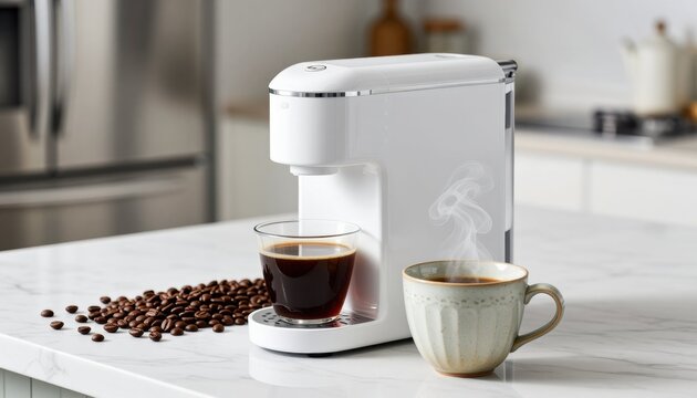 Modern kitchen setting featuring a smart coffee maker and freshly brewed coffee in a contemporary atmosphere