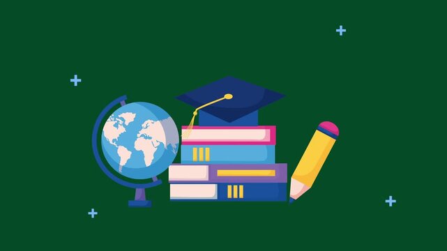 Animated education icons featuring school books and graduation cap on green background.