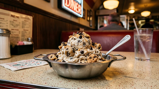Generous scoop of cookie dough ice cream loaded with chocolate chips and cookie pieces in a metal bowl at a diner