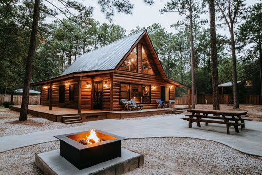 A charming log cabin surrounded by trees with a welcoming fire pit, perfect for cozy outdoor gatherings