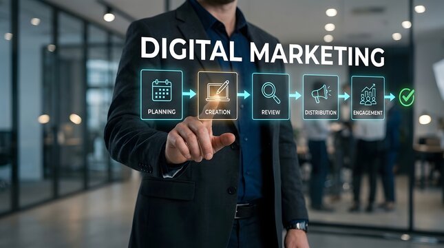 Businessman interacting with a digital marketing strategy interface in a modern office